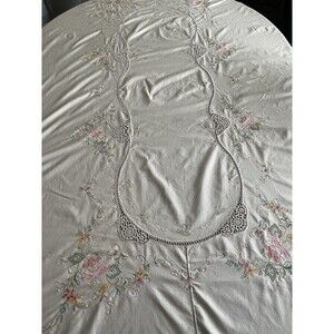 TABLECLOTH HAND EMBROIDERED, SCALLOPED, CROCHETED, GRANNY CORE COTTAGE CORE